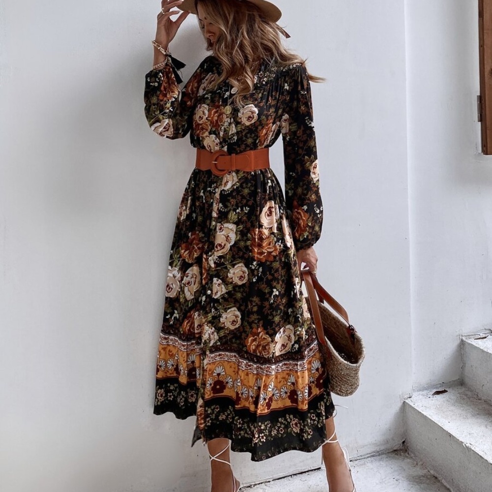boho floral print button down long sleeve dress - Picture 3 of 7